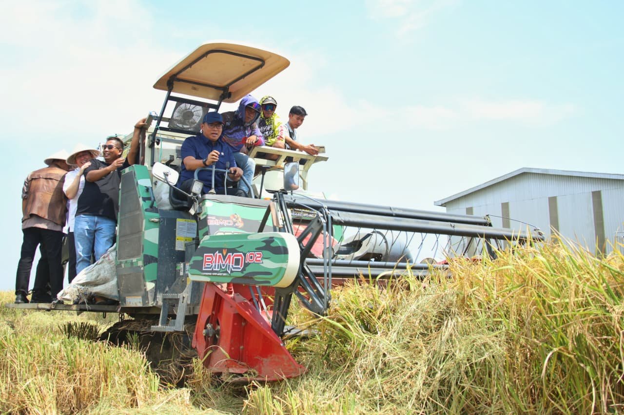 wamentan sudaryono saat panen di indramayu