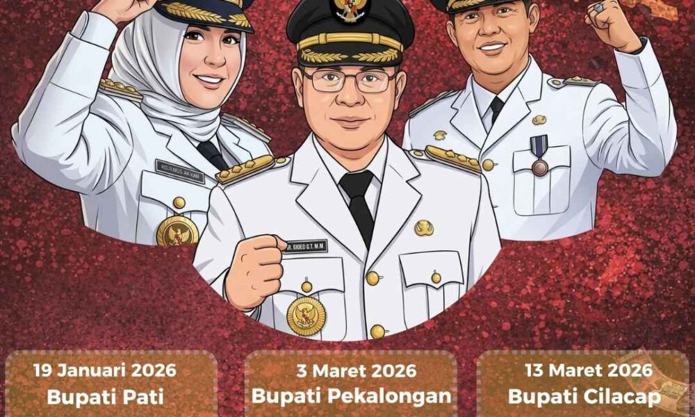 Infografis hattrick OTT KPK di Jawa Tengah yang menampilkan Bupati Pati Sudewo, Bupati Pekalongan Fadia Arafiq, dan Bupati Cilacap Syamsul Auliya Rachman yang ditangkap KPK pada 2026.