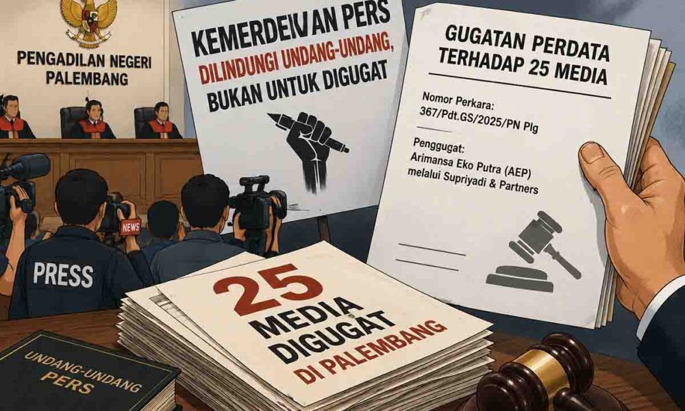 Ilustrasi aktivitas jurnalis dan ruang sidang terkait gugatan perdata terhadap 25 perusahaan media di Pengadilan Negeri Palembang.
