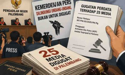 Ilustrasi aktivitas jurnalis dan ruang sidang terkait gugatan perdata terhadap 25 perusahaan media di Pengadilan Negeri Palembang.
