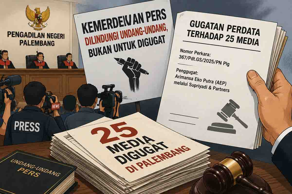 Ilustrasi aktivitas jurnalis dan ruang sidang terkait gugatan perdata terhadap 25 perusahaan media di Pengadilan Negeri Palembang.