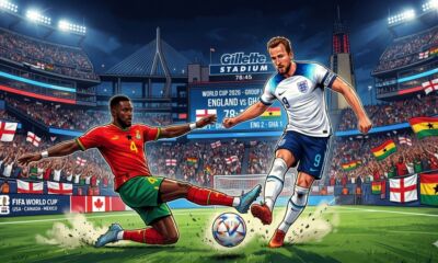 Ilustrasi dinamis pertandingan sepak bola Piala Dunia FIFA 2026 antara Inggris (putih, nomor 9) dan Ghana (merah, nomor 4) di Stadion Gillette yang penuh sesak pada malam hari. Pemain Inggris sedang menggiring bola saat pemain Ghana melakukan sliding tackle, dengan papan skor menunjukkan skor 2-1 untuk Inggris pada menit 78:45.