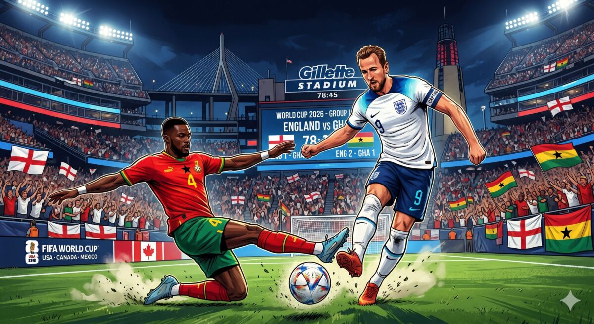 Ilustrasi dinamis pertandingan sepak bola Piala Dunia FIFA 2026 antara Inggris (putih, nomor 9) dan Ghana (merah, nomor 4) di Stadion Gillette yang penuh sesak pada malam hari. Pemain Inggris sedang menggiring bola saat pemain Ghana melakukan sliding tackle, dengan papan skor menunjukkan skor 2-1 untuk Inggris pada menit 78:45.