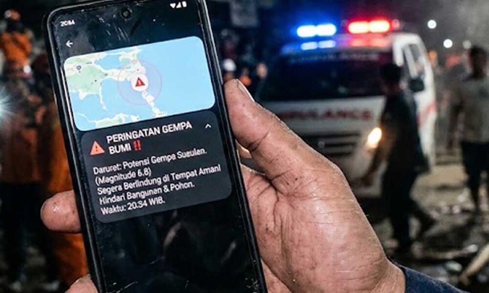 Tampilan notifikasi peringatan dini gempa bumi pada layar smartphone Android dan iPhone.