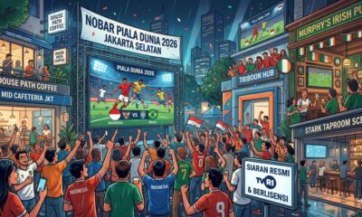 Ilustrasi semarak suasana nonton bareng (nobar) Piala Dunia 2026 di kawasan Jakarta Selatan, menampilkan kerumunan penggemar sepak bola Indonesia yang antusias menonton pertandingan di layar raksasa di tengah kota pada malam hari.