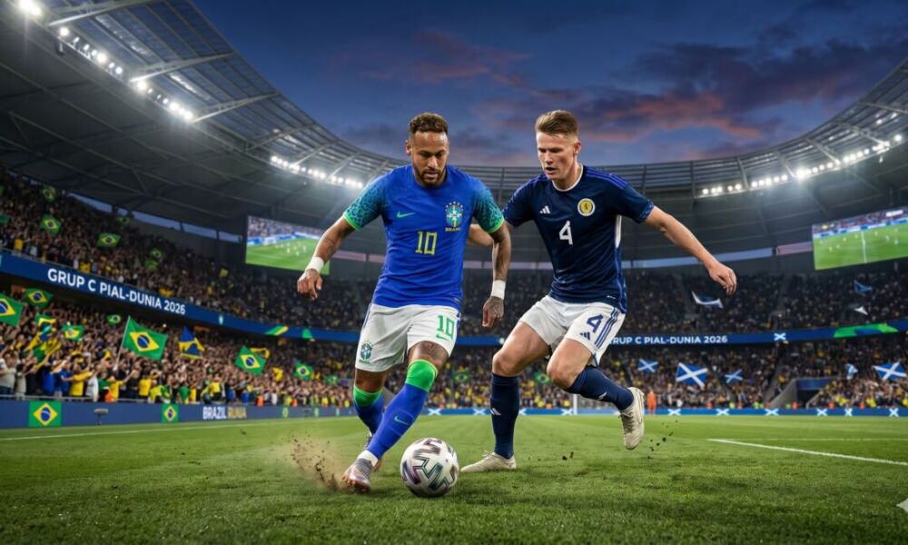 Sebuah foto aksi dinamis di dalam stadion yang penuh sesak pada malam hari, menampilkan pemain Brasil nomor 10 yang lincah mendribbel bola, sementara pemain Skotlandia nomor 4 berbadan tegap berusaha menghentikannya. Penonton di belakang mereka mengibarkan bendera Brasil dan Skotlandia.