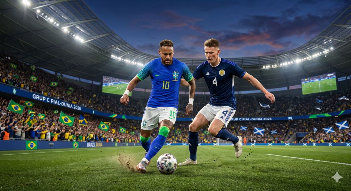 Sebuah foto aksi dinamis di dalam stadion yang penuh sesak pada malam hari, menampilkan pemain Brasil nomor 10 yang lincah mendribbel bola, sementara pemain Skotlandia nomor 4 berbadan tegap berusaha menghentikannya. Penonton di belakang mereka mengibarkan bendera Brasil dan Skotlandia.