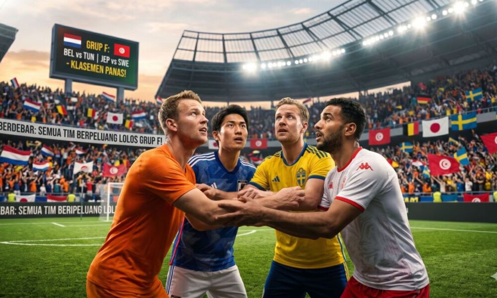 Sebuah close-up dramatis dari empat pemain sepak bola yang mengenakan jersey Belanda, Jepang, Swedia, dan Tunisia sedang saling berpelukan dan berhadapan di lapangan yang disinari lampu sorot. Ekspresi wajah mereka penuh determinasi dan ketegangan. Di latar belakang, penonton di stadion meriah dengan spanduk-spanduk tim. Sebuah layar besar di atas tribun bertuliskan 'KLASMEN PANAS! Belanda vs Tunisia, Jepang vs Swedia, Semua Tim Berpeluang Lolos!'