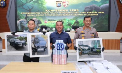 Petugas Ditreskrimsus Polda Riau menunjukkan barang bukti dan aset sitaan dalam pengungkapan TPPU perdagangan gading gajah Sumatera di Pekanbaru.
