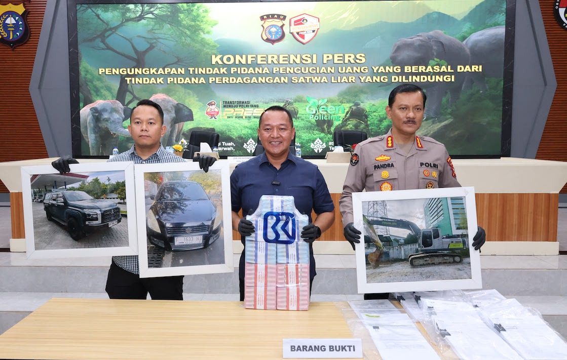 Petugas Ditreskrimsus Polda Riau menunjukkan barang bukti dan aset sitaan dalam pengungkapan TPPU perdagangan gading gajah Sumatera di Pekanbaru.