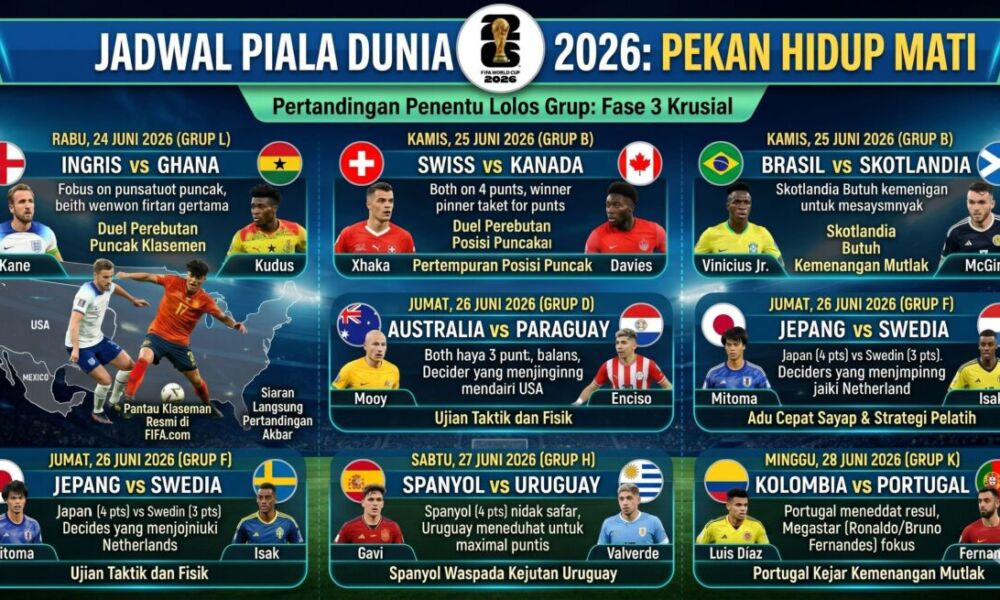 Ilustrasi laga sengit penentu kelolosan grup Piala Dunia 2026 di lapangan hijau dengan atmosfer stadion yang gemuruh.