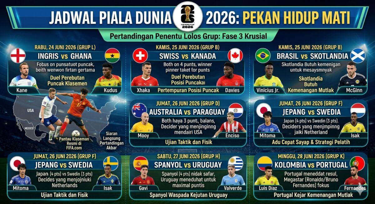 Ilustrasi laga sengit penentu kelolosan grup Piala Dunia 2026 di lapangan hijau dengan atmosfer stadion yang gemuruh.