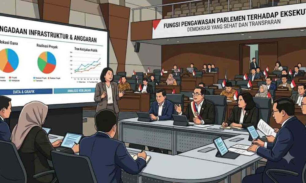 Suasana rapat partai politik di parlemen yang membahas dinamika pemerintahan dan oposisi.