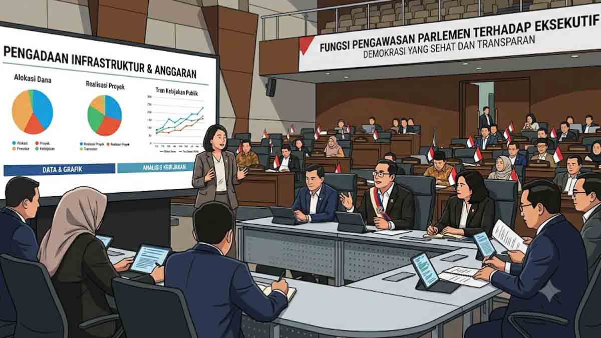 Suasana rapat partai politik di parlemen yang membahas dinamika pemerintahan dan oposisi.