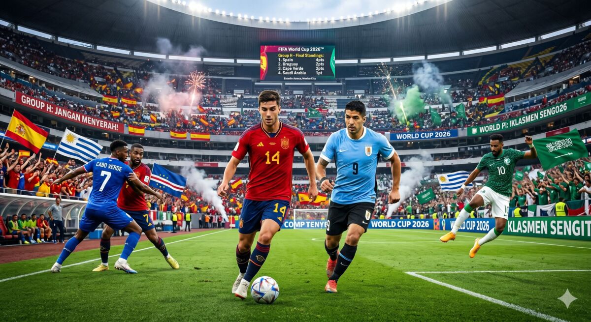 Ilustrasi grafis dinamik empat pemain sepak bola dari timnas Spanyol, Uruguay, Tanjung Verde, dan Arab Saudi yang saling beradu fokus di tengah ketegangan poin klasmen Grup H Piala Dunia 2026 yang sangat ketat menjelang laga pamungkas.